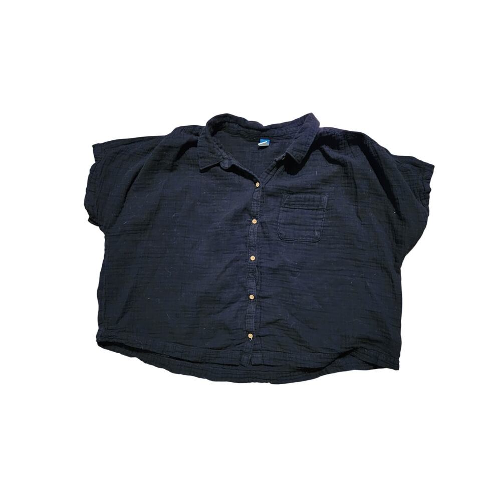 Old Navy Black Gauze Button Front Cropped Shirt Large Pocket Top